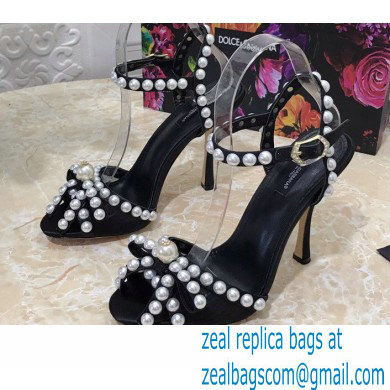 Dolce & Gabbana Heel 10.5cm Satin Sandals Black with Pearl Application 2021 - Click Image to Close